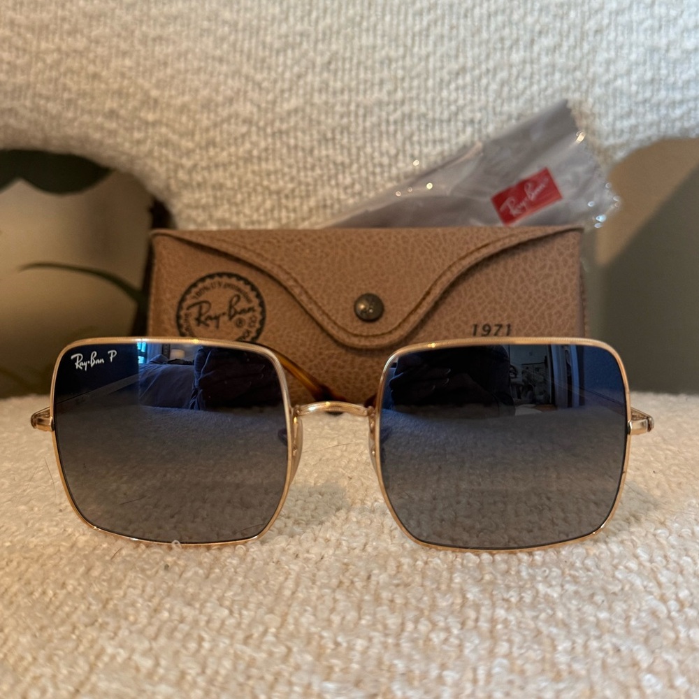 Ray-Ban Square 1971 Gold Frame Sunglasses with Black Blue Polarized Lenses